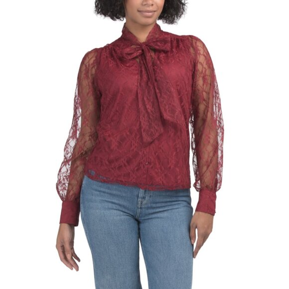 HAVER + BLAIR Wine Solid Floral Lace Blouse - Picture 2 of 2